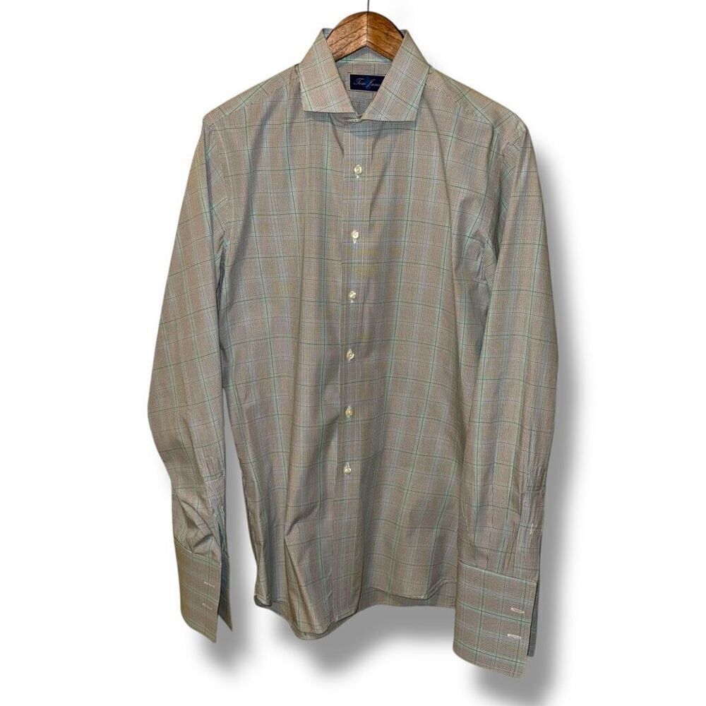 Tom James Glen Check French Cuff Made in USA Dress Shirt Size L 16.5